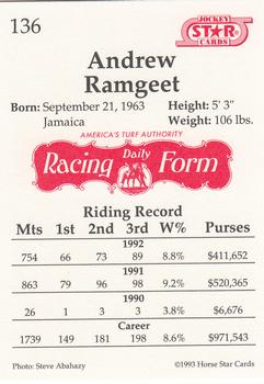 1993 Jockey Star #136 Andrew Ramgeet Back